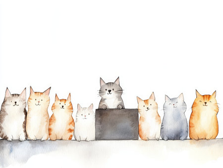 A delightful gathering of ten playful cats in soft watercolor, showcasing their unique fur patterns and expressions against a simple backdrop.の写真素材