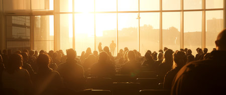 A teacher stands at the front of a well-lit classroom, delivering a lecture while students attentively listen in a sunset glow.の素材