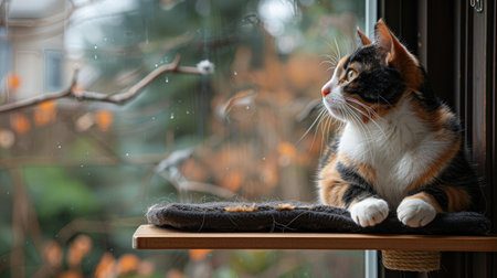 A calico cat relaxes on a window perch, gazing outside at the colorful autumn leaves swaying gently in the breeze.の素材