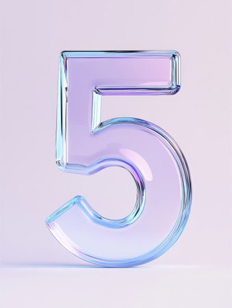 A clear glass number five stands prominently, casting colorful reflections on a subtle background while showing its translucent qualities.の素材