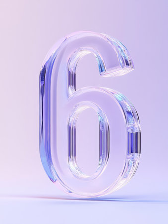 A clear glass number six stands upright, reflecting soft pastel hues against a subtle gradient backdrop, showcasing modern design artistry.の素材
