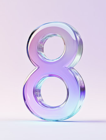 A transparent glass number eight stands elegantly with a colorful sheen against a soft gradient backdrop in bright light.の素材