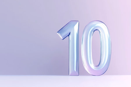 A shiny, transparent glass number ten stands alone on a smooth surface, illuminated by soft pastel hues in the background.の素材