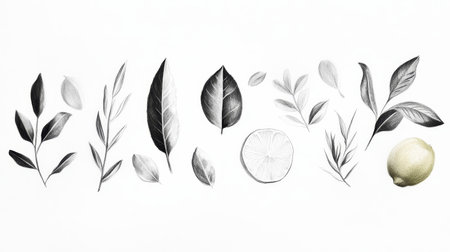 Fresh herbs and citrus ingredients are hand-painted on a white surface, offering an artistic perspective for culinary enthusiasts and chefs.の素材