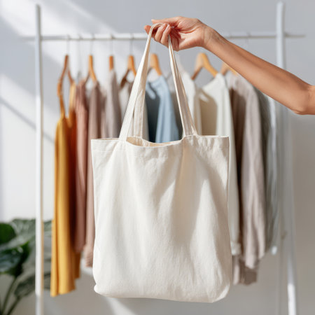 A hand demonstrates a blank white tote bag amidst a backdrop of hanging garments in a clothing store setting.の素材