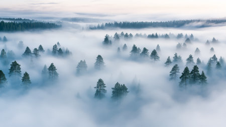 Expansive forest in Finland shrouded in thick fog reveals towering pine trees and a serene atmosphere at dawn, creating a mystical landscape.の素材