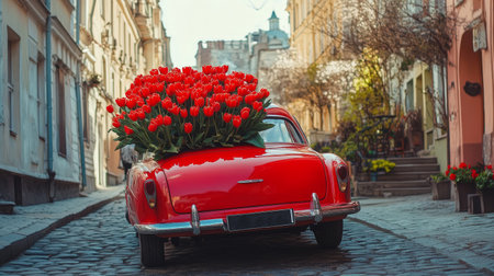 A bright red vintage retro car rolls down a cobblestone street, its rear filled with vibrant red tulips, creating a beautiful spring display.の素材