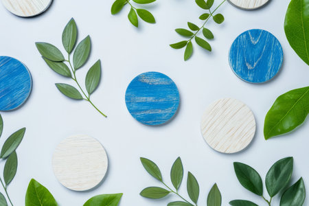 Vibrant blue and white wooden circles harmonize with lush green leaves, creating a serene and artistic composition in soft lighting.の素材