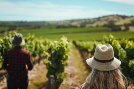 Couple enjoys a leisurely stroll in a vibrant Australian vineyard, soaking in the beautiful scenery and warm sunshine.の素材