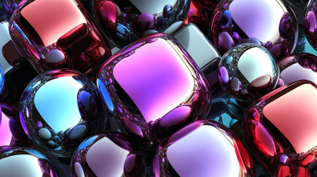Reflective cubes and spheres create an engaging abstract visual, showcasing a mix of colors and shapes in a dynamic composition.の素材