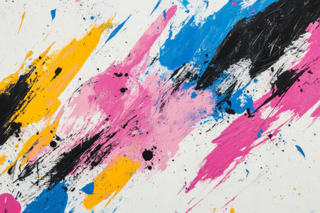 Colorful abstract design features heavy brush strokes in shades of pink, blue, yellow, and black, creating lively textures and movement.の素材