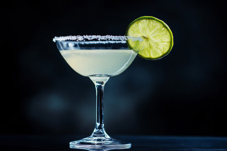 A vibrant cocktail in a clear glass, garnished with a lime slice, stands out against a bold black backdrop.の素材