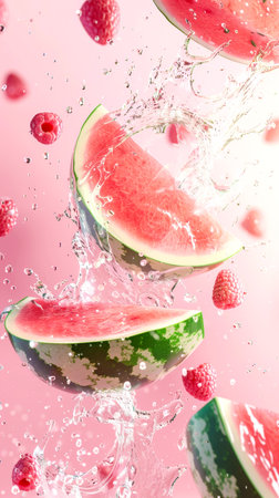 Slices of watermelon soar gracefully, splashing water as fresh raspberries join the lively display against a colorful backdrop.の素材