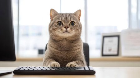 A chubby gray cat engages with a keyboard at a sleek desk, surrounded by large windows in a well-lit office environment.の素材