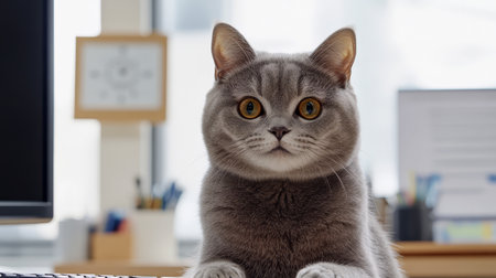 A chubby gray cat sits at a modern desk, attentively watching its surroundings in a bright office environment during the day.の素材