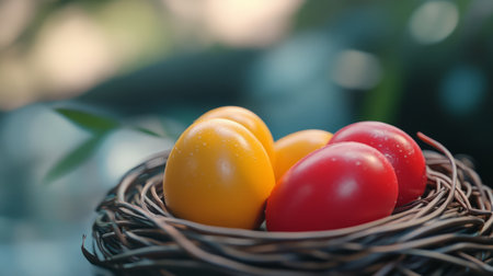 Festive Easter holiday eggs in vibrant yellow and red sit in a carefully crafted nest, surrounded by soft greenery, evoking seasonal joy.の素材