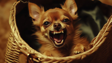 A brown Chihuahua with a vibrant expression sits excitedly in a woven basket, showcasing playful energy in a warm interior.の素材