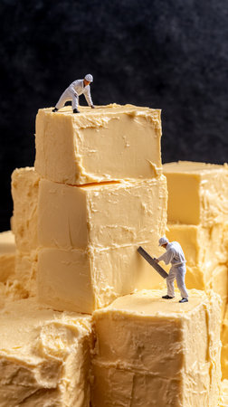 Small figures engage in an artistic representation of butter production, scaling stacks and shaping blocks of creamy butter in vibrant detail.の素材