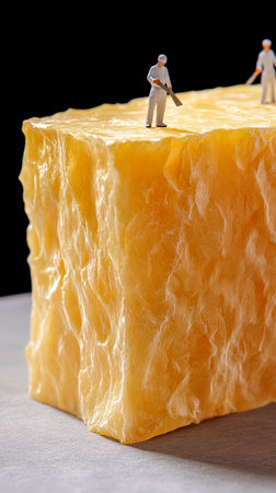 Two miniature figures stand on a large, textured block of cheese, creating a whimsical scene that combines food and fantasy.の素材
