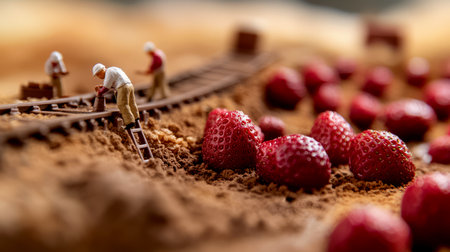 Tiny figurines gather strawberries by chocolate tracks, creating a whimsical scene in a cocoa-filled setting.の素材