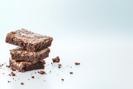 A tempting trio of brownies rests atop each other against a white background, with a sprinkle of crumbs emphasizing their rich texture.の素材