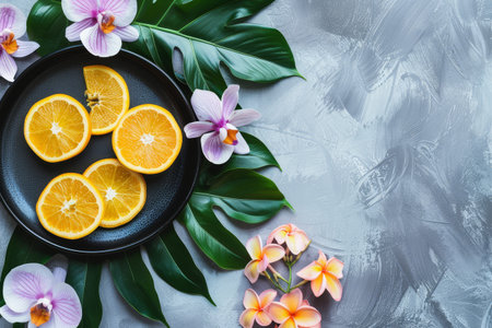 Colorful orange slices adorn a black plate, surrounded by pink flowers and green leaves, creating a fresh spring vibe perfect for decor.の素材