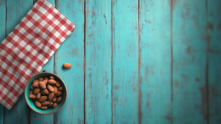Bowl filled with almonds sits on a vibrant turquoise wooden table alongside a red and white checkered napkin, creating a cozy atmosphere.の素材
