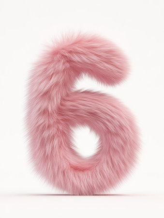 A fluffy pink number six stands upright, highlighting its adorable and tactile appearance against a plain background.の素材