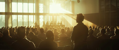 A teacher stands at the front of a bright classroom, delivering an engaging lecture while students focus intently on the lesson being taught.の素材