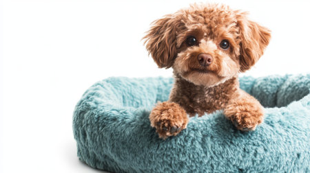 A small dog enjoys lounging in a fluffy pet bed on a pristine white background, highlighting its adorable features and comfort.の素材