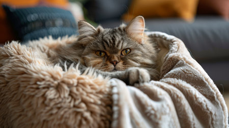 A fluffy cat relaxes in a heated bed covered with soft fleece, enjoying warmth and comfort in a cozy indoor setting.の素材