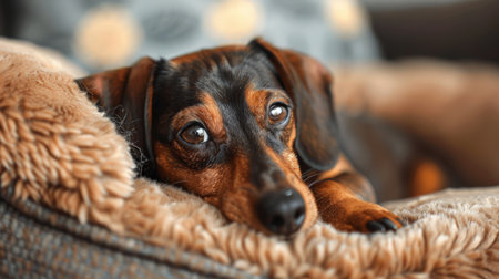 A small dog lies comfortably on a heated bed, enjoying the warmth and soft fleece cover in a cozy indoor setting, perfect for chilly weather.の素材