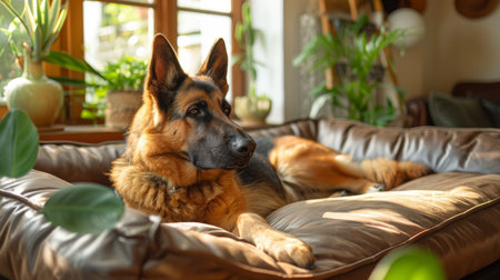 A German Shepherd relaxes on a plush dog bed surrounded by greenery in a stylish home setting, showing comfort and elegance.の素材