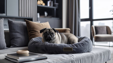 A pug enjoys lounging in a sleek, modern dog bed featuring its own name in a cozy, well-designed living room space.の素材
