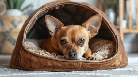 A small dog relaxes comfortably in a soft cave-style bed, surrounded by a stylish living room ambiance during the daytime.の素材