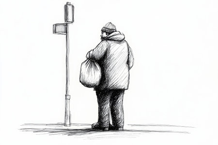 A detailed black ink sketch captures an individual with a bag waiting at a crosswalk in New York City, embodying urban life.の素材