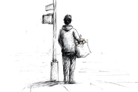 Sketch illustrates a person waiting at a street corner in New York City, carrying a bag of groceries while observing the surroundings.の素材