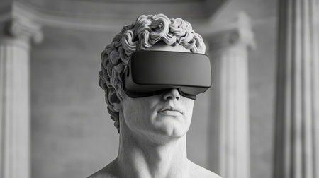 A detailed depiction of a classical sculpture adorned with a virtual reality headset, juxtaposed against grand architectural columns.の素材