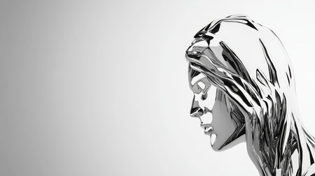 Intricate metallic sculpture reflects humanity with smooth lines against a neutral background.の素材