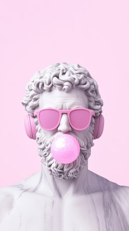Socrates is depicted in marble, wearing pink sunglasses and headphones, while chewing bubble gum against a pastel pink background.の素材