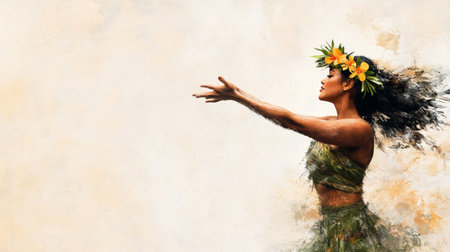 A Hawaiian dancer showcases her skills, wearing a flower crown and traditional attire while performing gracefully at a festival in Hawaii.の素材
