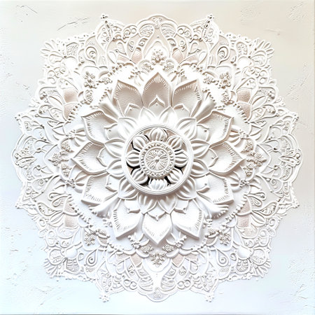 This piece showcases a stunning white mandala adorned with intricate floral designs, highlighting artistry and craftsmanship.の素材