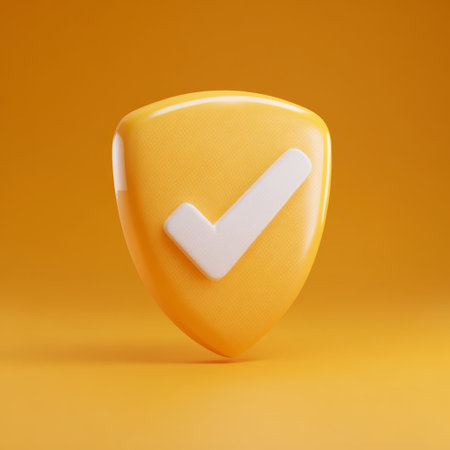 A shiny lemon orange shield featuring a prominent white checkmark stands out against a bright background, highlighting themes of security and trust.の素材