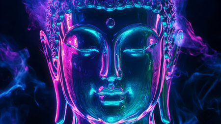 A glowing Buddha sculpture radiates with neon blue light, surrounded by swirling organic shapes that enhance its tranquil presence.の素材