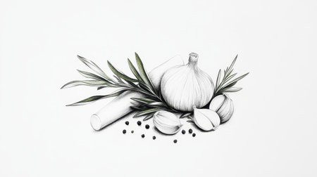 Garlic, rosemary, and various spices are artistically arranged on a clean white surface, showing vibrant hand-painted details.の素材