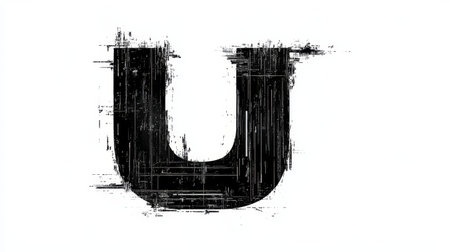 A bold, glitchy representation of the letter U in a thin font captures a serious hacker aesthetic against a stark white backdrop.の素材