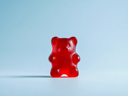 Bright red gummy bear candy stands out against a clean white background, showing its glossy texture and playful shape.の素材