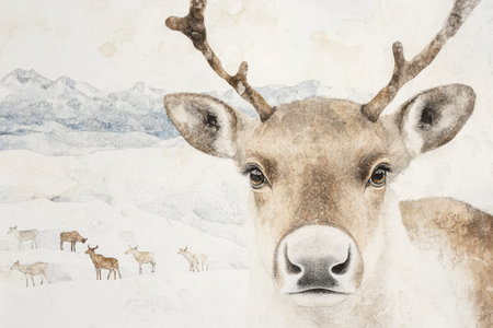 A reindeer gazes directly at the viewer amidst a snowy Arctic landscape, with a herd visible in the distance.の素材