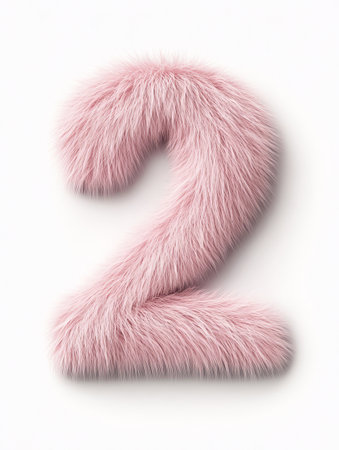 A cute number two is shaped from soft pink fur, showcasing a fluffy texture that adds a playful touch against a white backdrop.の素材