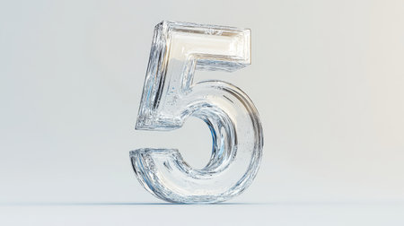 A transparent number five stands prominently in a clean, minimalist environment, reflecting light and creating intriguing shadows.の素材